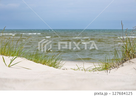 Tranquil Baltic Sea view through white sand dune grasses on peaceful summer coastline Tranquil Baltic Sea view through white sand dune grasses on peaceful summer coastline 127684125