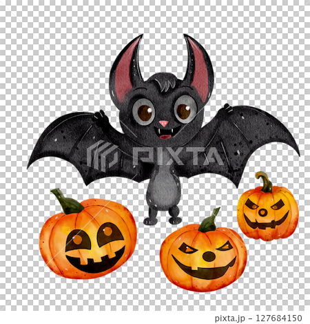 Watercolor illustration of a cute smiling bat and pumpkins with faces on white background. Playful, child-friendly Halloween design perfect for kids' decor, cards, invitations, and festive projects. 127684150