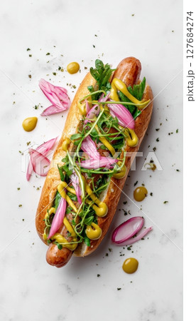 Minimalistic Gourmet Hotdog with Pickled Onions and Mustard on White Background 127684274