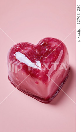 Heart-Shaped Valentine's Day Cake with Raspberry Glaze on Pink Background 127684286