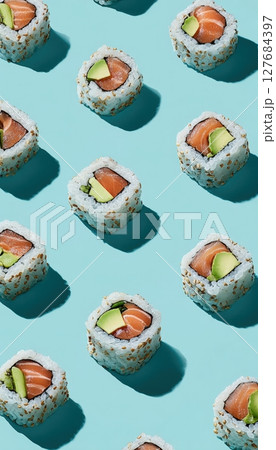 Minimalist Sushi Roll Photo with Salmon and Avocado on Light Blue Background 127684397