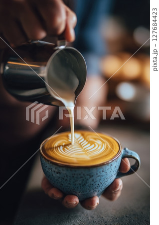 Barista Crafting Rosette Latte Art in Cozy Coffee Shop Setting 127684423