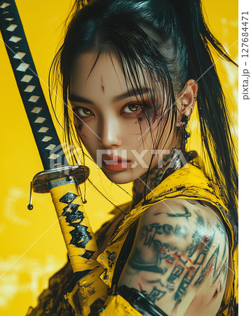 Korean warrior dressed in yellow with tattoos, holding a katana, set against a vibrant yellow background 127684471