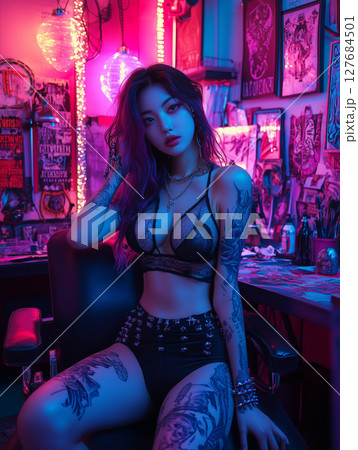 Tattoo artist posing in a vibrant studio filled with colorful lighting and tattoo artwork 127684501