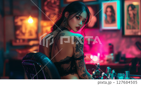Korean woman in tattoo studio with artistic decor, showcasing vibrant colors and detailed tattoos during evening hours 127684505