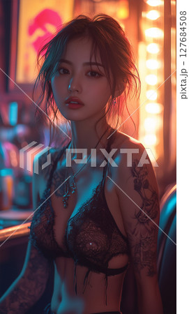 Stylish young woman with tattoos posing in an atmospheric bar during nighttime 127684508