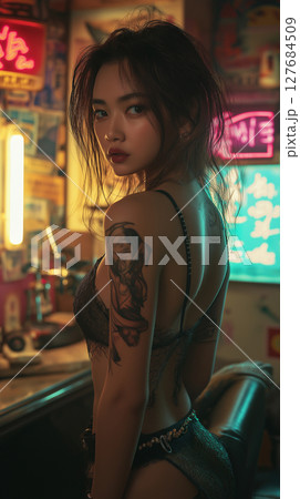 Captivating Korean woman with tattoos poses in a stylish bar at night, showcasing her confidence and unique fashion sense 127684509