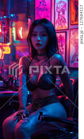 Stylish Korean woman with tattoos in vibrant neon-lit barbershop during night 127684517