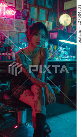 Tattoo artist in a vibrant studio surrounded by colorful art and tattoo supplies during nighttime 127684531