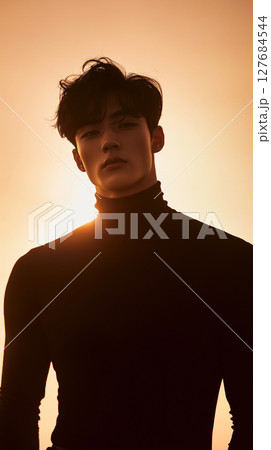 Portrait of a young Korean man against a golden sunset backdrop showcasing a confident expression and stylish attire Portrait of a young Korean man against a golden sunset backdrop showcasing a confident expression and stylish attire 127684544