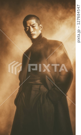Stylish Korean man posing confidently in a dramatic atmosphere during a fashion shoot 127684547