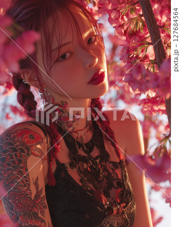 Korean woman with tattoos poses among cherry blossoms in a vibrant spring setting Korean woman with tattoos poses among cherry blossoms in a vibrant spring setting 127684564