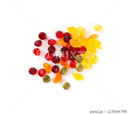 Fruit gummy candy pile isolated, vegan chewing marmalade pills, jelly gumdrops heap Fruit gummy candy pile isolated, vegan chewing marmalade pills, jelly gumdrops heap 127684799