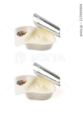 Yogurt cup isolated, yoghurt in plastic pot, milk pudding container, dairy food small package Yogurt cup isolated, yoghurt in plastic pot, milk pudding container, dairy food small package 127684804