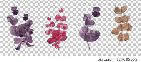 Set of flowers, bouquets. Different eucalyptus. Floral border. Watercolor illustration. The set is ideal for posters, fabric design, wallpaper, tableware and other products Set of flowers, bouquets. Different eucalyptus. Floral border. Watercolor illustration. The set is ideal for posters, fabric design, wallpaper, tableware and other products 127685653