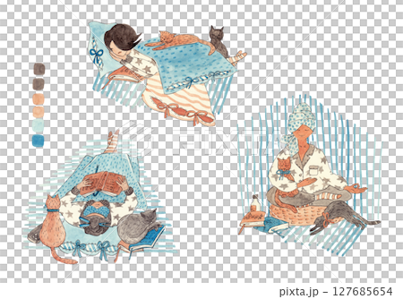 Girl with cats. Red and black cat. A set of scenes from the everyday life of a dark-haired girl with her pets. Watercolor illustration for your design 127685654