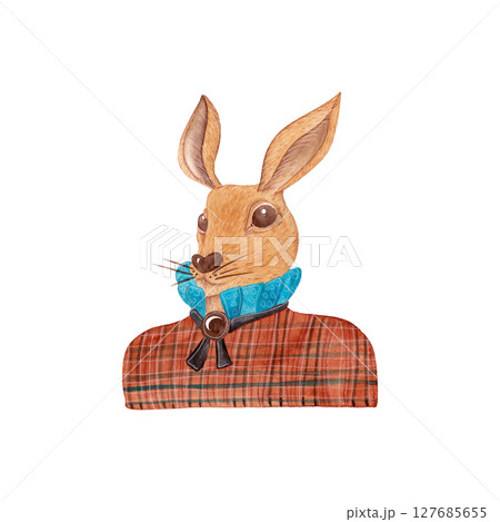 Portrait of a deer in a checkered shirt with a lush frill. Watercolor illustration of animal without horns in fancy clothes for your baby products design 127685655