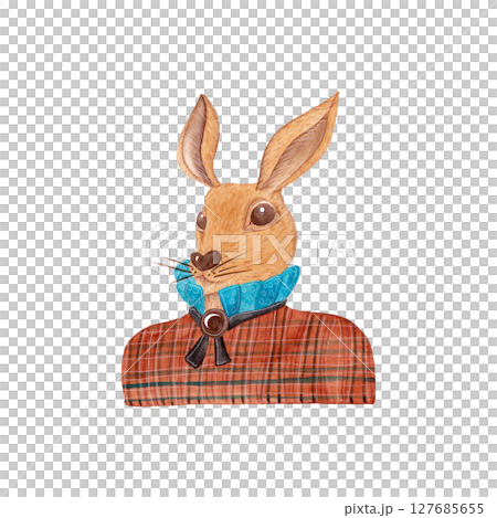 Portrait of a deer in a checkered shirt with a lush frill. Watercolor illustration of animal without horns in fancy clothes for your baby products design 127685655