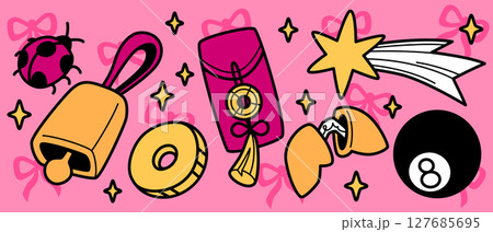 Vibrant lucky doodle symbols on pink 127685695