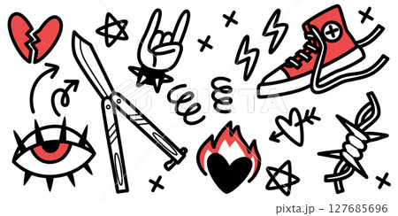 Bold punk rock doodle icons and symbols 127685696