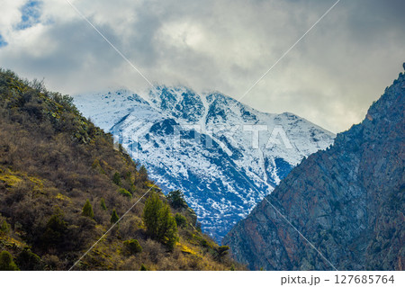 Majestic snow-capped mountains with steep slopes and vegetation in Kyrgyzstan Majestic snow-capped mountains with steep slopes and vegetation in Kyrgyzstan 127685764