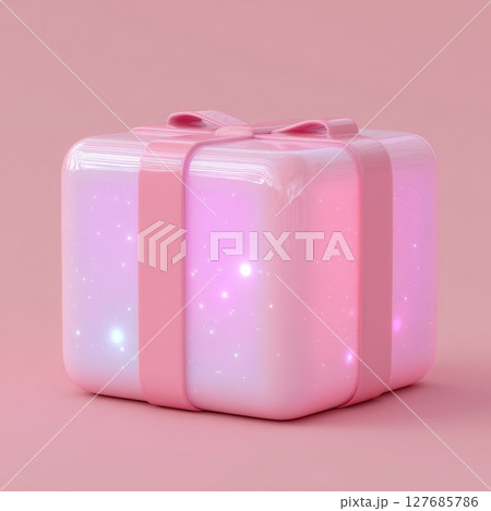 Shimmering pink 3D present on pastel pink backdrop. Joyful design for gifting or party themes, great for enchanting or vibrant ideas. 127685786