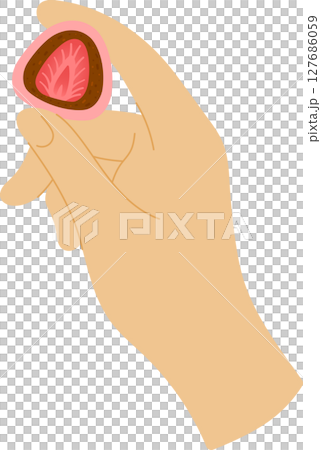 Cartoon Hand Holds Strawberry Daifuku on White Background. Mochi Japanese Dessert with Strawberry and Adzuki Beans Paste Cartoon Hand Holds Strawberry Daifuku on White Background. Mochi Japanese Dessert with Strawberry and Adzuki Beans Paste 127686059