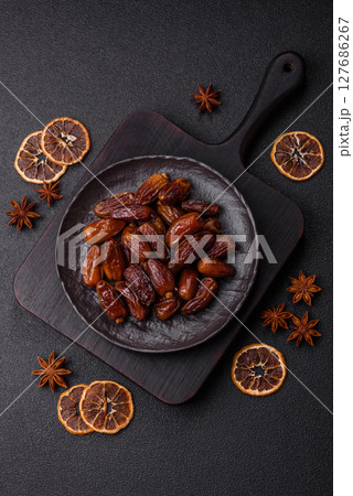 Dried tropical date fruit as an ingredient for fresh organic diet food 127686267