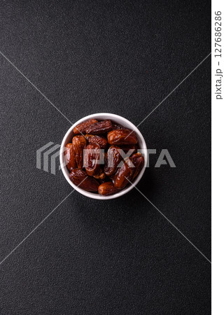 Dried tropical date fruit as an ingredient for fresh organic diet food 127686286