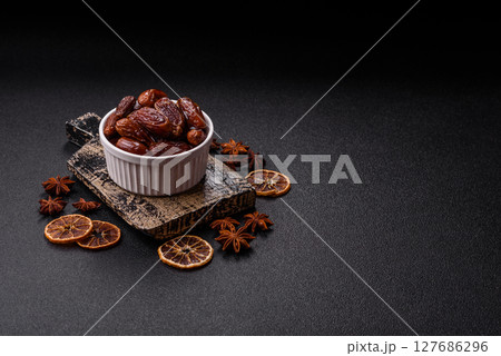 Dried tropical date fruit as an ingredient for fresh organic diet food 127686296