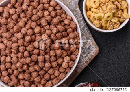 Cereal chocolate corn balls in a bowl Cereal chocolate corn balls in a bowl 127686755