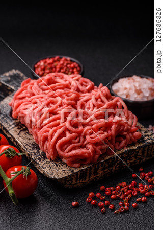Ground beef mince fresh raw with salt and spices Ground beef mince fresh raw with salt and spices 127686826