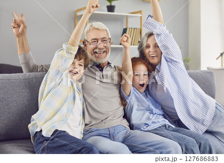 Portrait Of A Grandparents And Grandchildren At Home Sofa 127686883