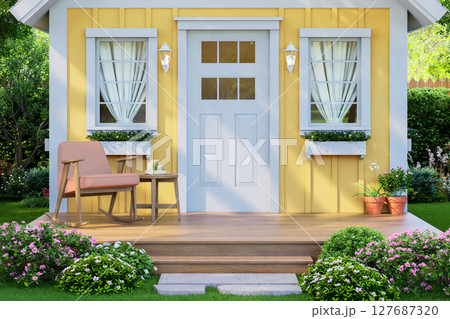 Small wooden terrace in front of cute tiny yellow house on green lawn 3d render 127687320
