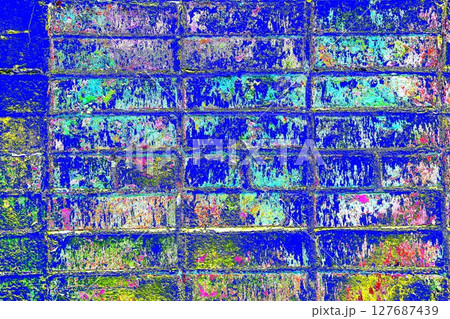 Peeling paint on a brick wall. Old brick wall with cracked peeling paint. Peeling paint on a brick wall. Old brick wall with cracked peeling paint. 127687439