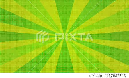Retro lime green sun rays on halftone bg. Pop art comic cartoon 127687748