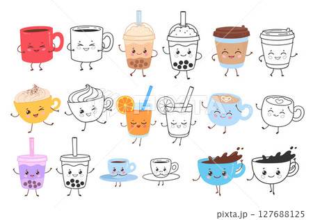 Flat and line-art illustration cute cups 127688125