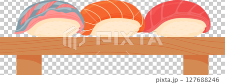 Cartoon salmon, tuna and iwashi sushi on wooden board. Asian food Japanese cuisine, traditional food isolated on white background 127688246