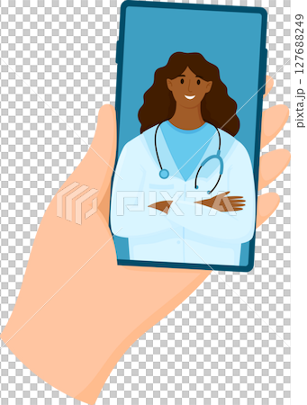 Telemedicine concept. Hand holding smartphone with online clinic app. Video call with female black doctor Telemedicine concept. Hand holding smartphone with online clinic app. Video call with female black doctor 127688249