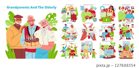 Vector illustration of elderly individuals celebrating with a cake, engaging in various activities like cooking, sharing memories, and using technology, promoting family bonding and creativity. 127688354