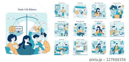 Vector illustration depicting various concepts of study-life balance. Characters demonstrating activities like planning, relaxing, and organizing for a balanced lifestyle through visual 127688356