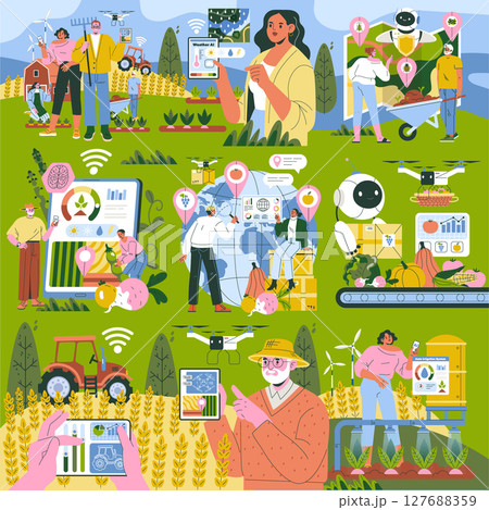 Vector illustration of agricultural technology showcasing AI, drones, and smart farming. Features modern farmers using digital tools, data analysis, and robotic assistance in crop management. 127688359