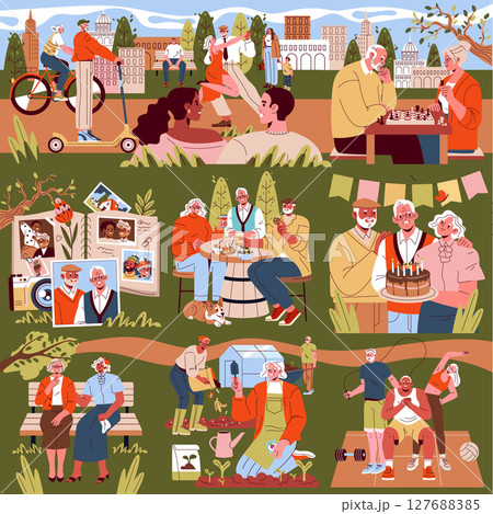 Elderly individuals enjoy various activities in a park setting. Scenes include cycling, playing chess, dancing, gardening, and celebrating a birthday, showcasing vibrant community life. 127688385