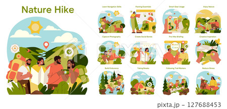 Vector illustration showing a group of hikers exploring a picturesque landscape. They carry backpacks and maps while sharing joyful moments on an outdoor adventure amidst lush greenery. 127688453