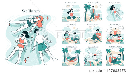 Vector illustration depicting people in calm ocean waters for sea therapy. Various activities include floating, meditation, yoga, and personal reflection, promoting relaxation and serenity. 127688478