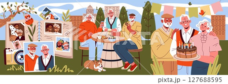Vector illustration of seniors celebrating a birthday with a cake outdoors. Happy expressions, sharing food, drinks, and photos create a heartwarming atmosphere of togetherness and joy. 127688595