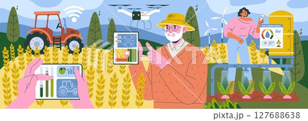 Illustration of smart agriculture with a farmer using a tablet, drone, and automated irrigation system in a field. Showcases digital tools in modern farming techniques. 127688638