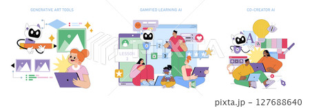 Vector illustration showcasing AI applications in art, learning, and collaboration. Features AI robots assisting in generative art, gamified education, and creative cooperation with diverse groups. 127688640
