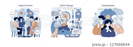 Vector illustration showing a group therapy session where individuals express emotions and offer support. Features technology-assisted therapy with interactive elements and happy transformation. Vector illustration showing a group therapy session where individuals express emotions and offer support. Features technology-assisted therapy with interactive elements and happy transformation. 127688644