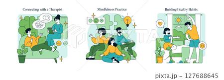 Vector illustration highlighting mental wellness activities such as therapy sessions, mindfulness meditation, and exercise routines, promoting positive emotional health. Vector illustration highlighting mental wellness activities such as therapy sessions, mindfulness meditation, and exercise routines, promoting positive emotional health. 127688645